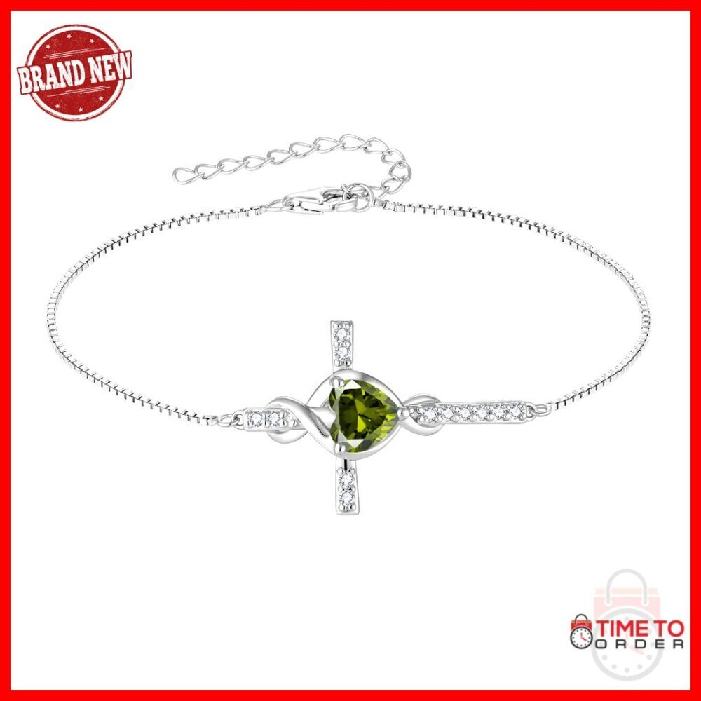 Sterling Silver Infinity Cross Bracelet with Heart Birthstone 925